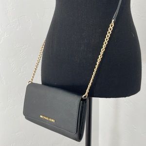 Michael Kors jet black with gold hardware wallet on chain. NWOT.
